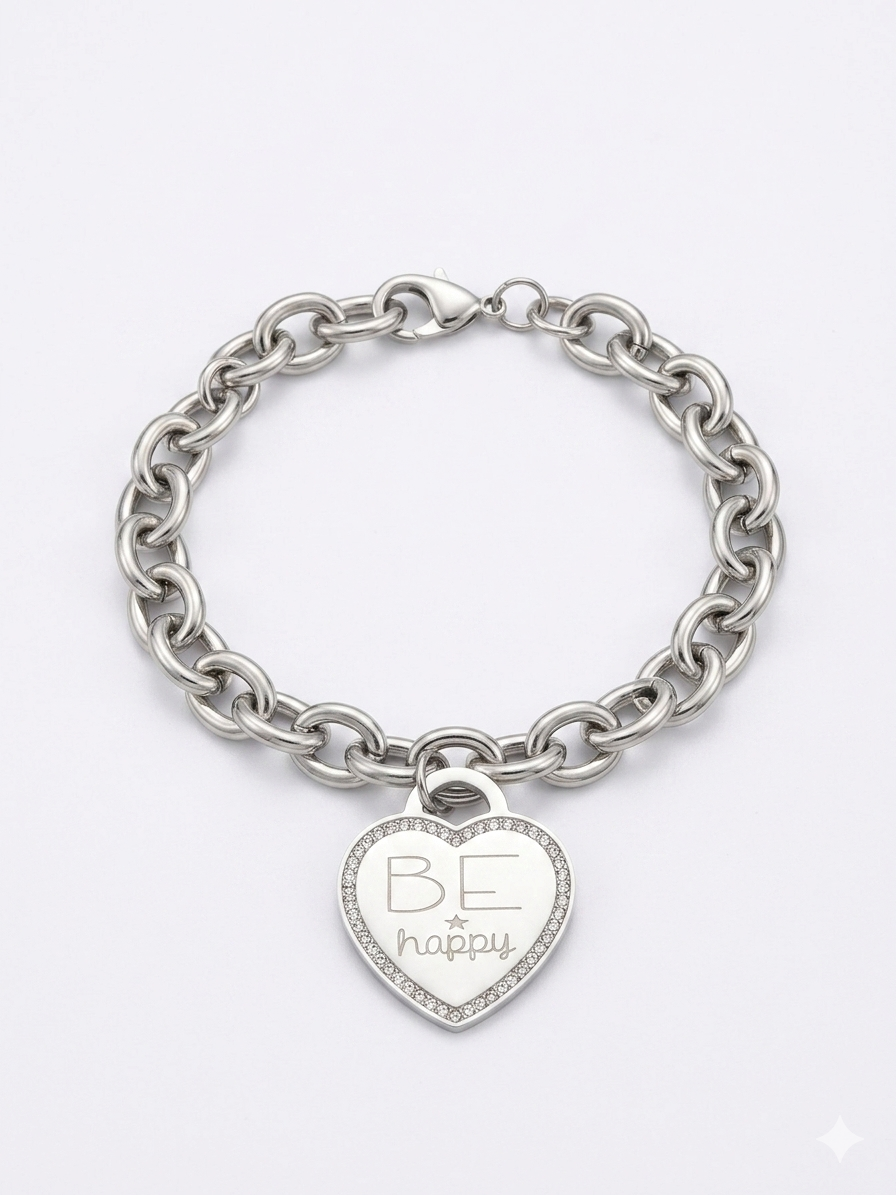 Bracciale "Be Happy" – Catena Bold con Cuore di Cristalli