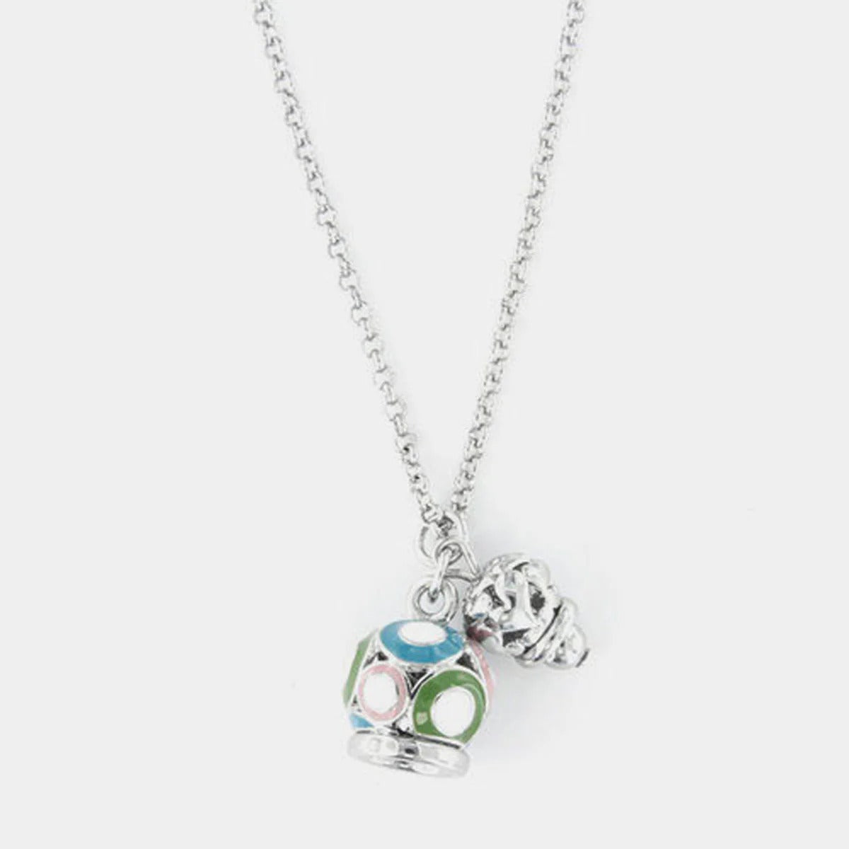 Collana con campana pendente multicolore e piccola campanella traforata