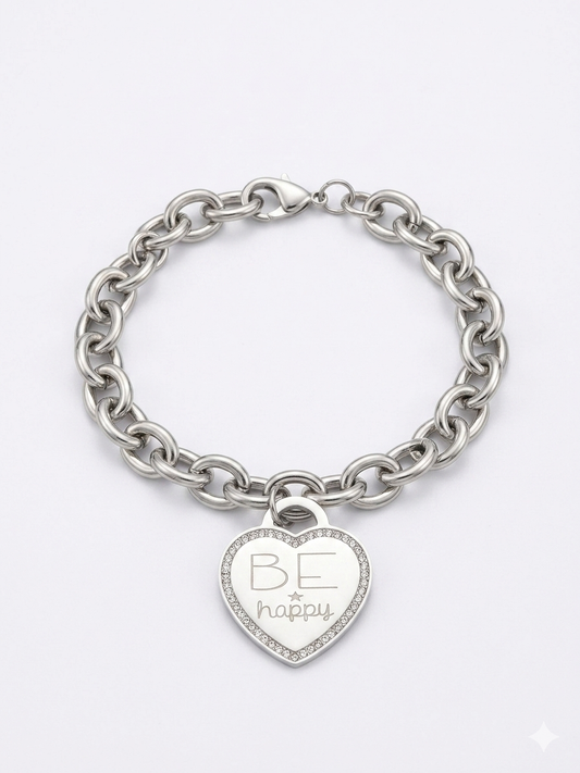 Bracciale "Be Happy" – Catena Bold con Cuore di Cristalli