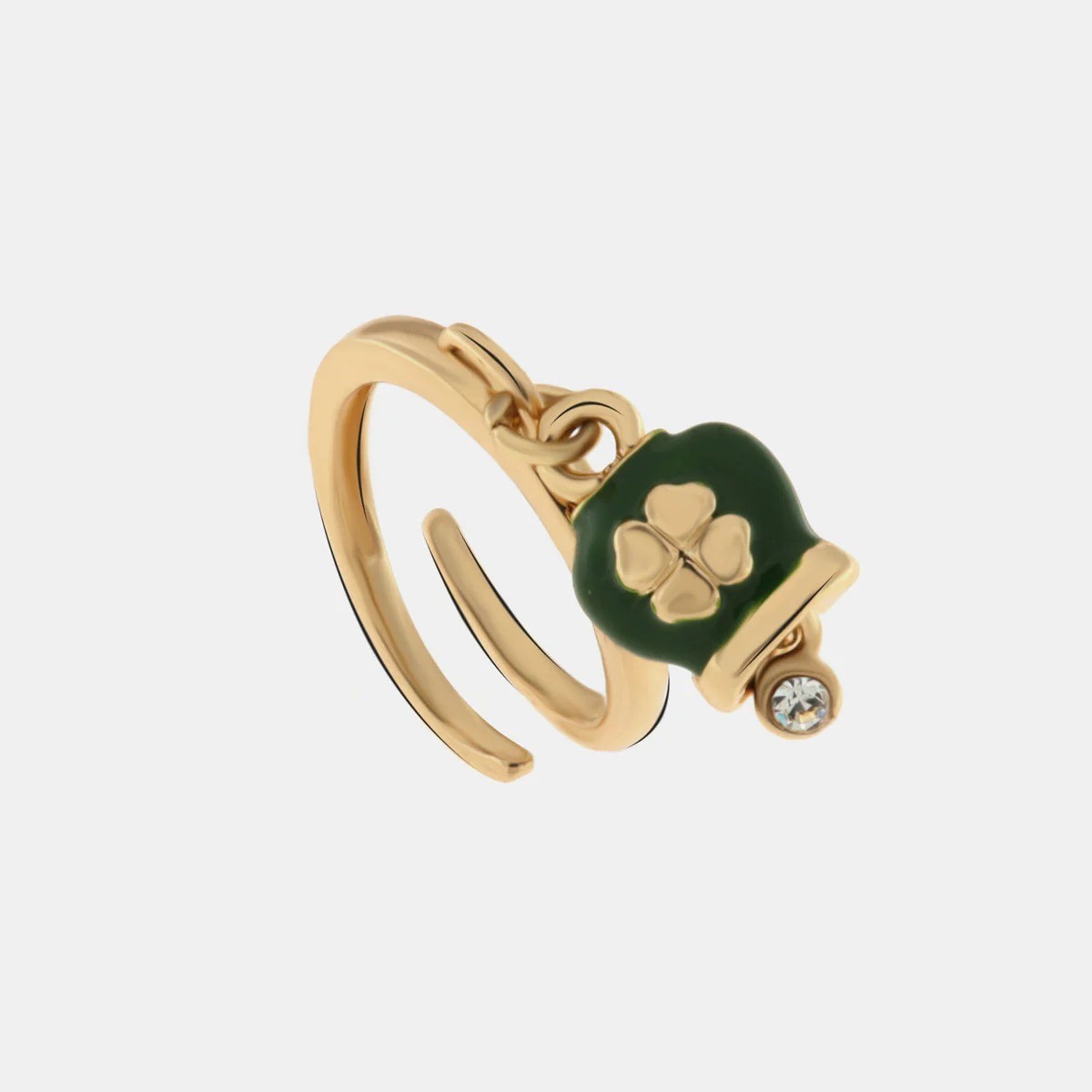 Anello con campanella in smalto verde e quadrifoglio