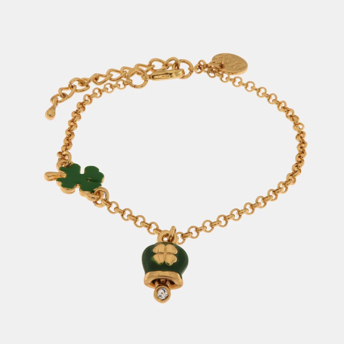 Bracciale con campanella e quadrifoglio in smalto verde