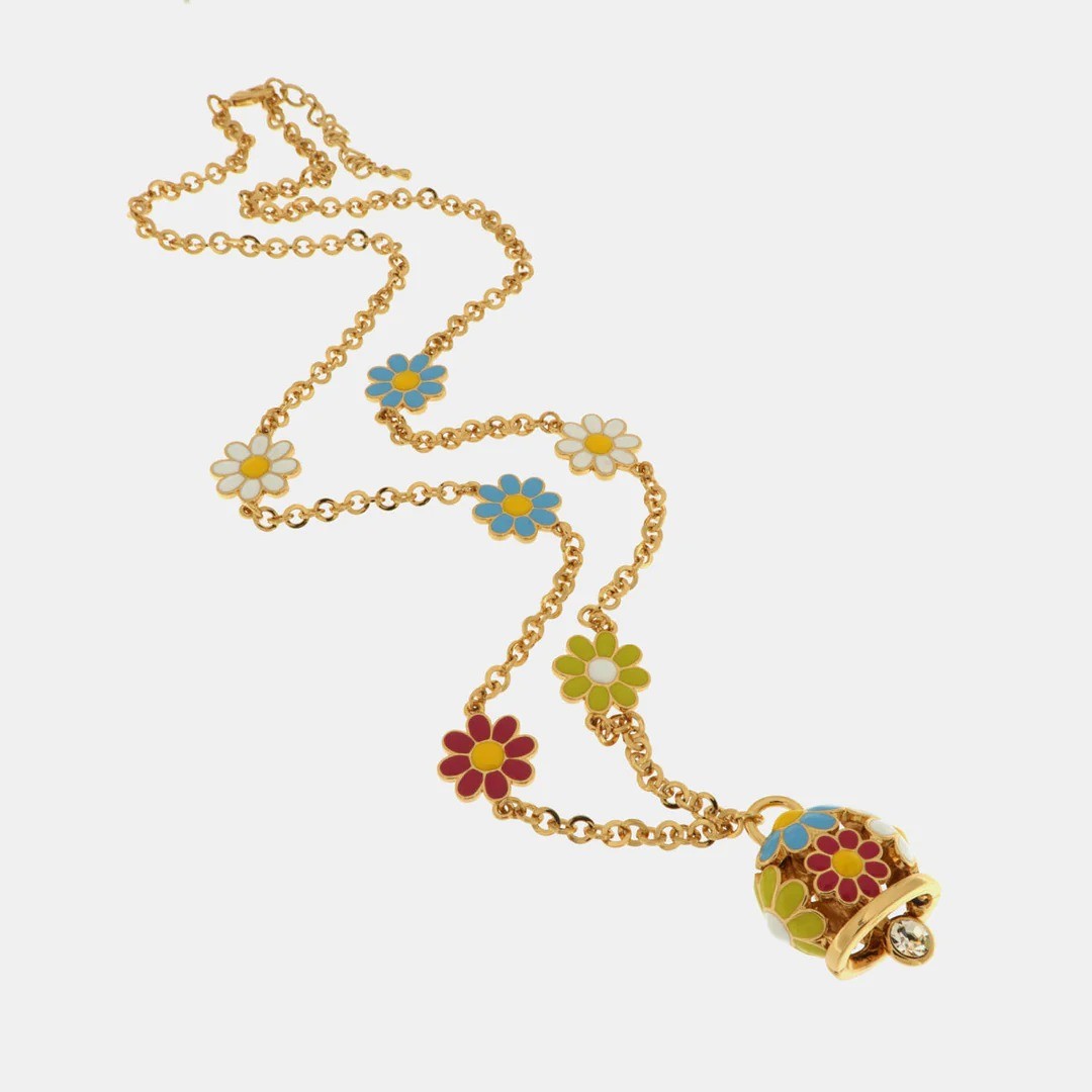 Collana  con campanella portafortuna impreziosita da fiori colorati