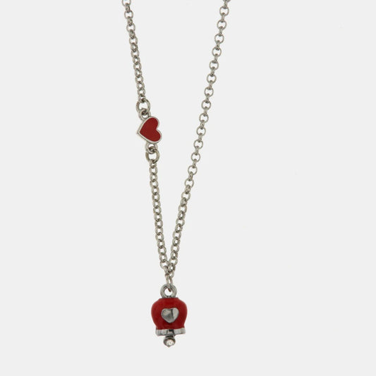 Collana con dettaglio cuore rosso e campanella portafortuna rossa con cuore centrale e cristalli bianchi
